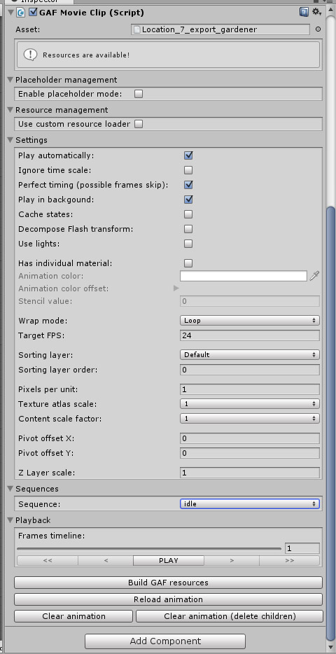 Settings in GAF plugin in Unity3D